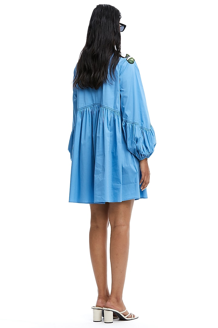Blue Cotton Embellished Gathered Vacation Dress by Kanika Goyal at Pernia's Pop Up Shop