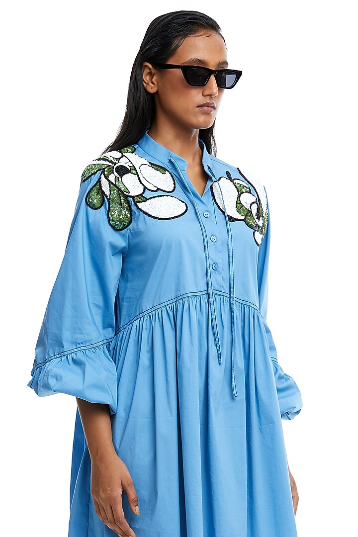 Blue Cotton Embellished Gathered Vacation Dress by Kanika Goyal at Pernia's Pop Up Shop