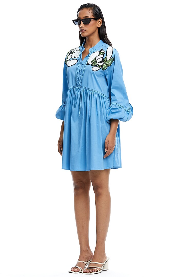 Blue Cotton Embellished Gathered Vacation Dress by Kanika Goyal at Pernia's Pop Up Shop