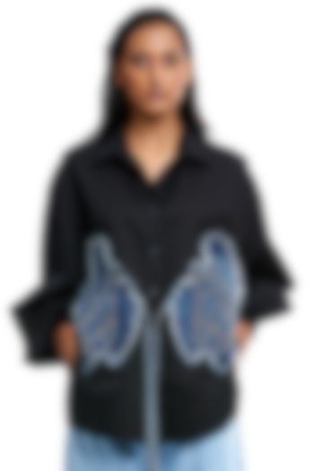 Black Cotton Denim Applique Oversized Shirt by Kanika Goyal at Pernia's Pop Up Shop