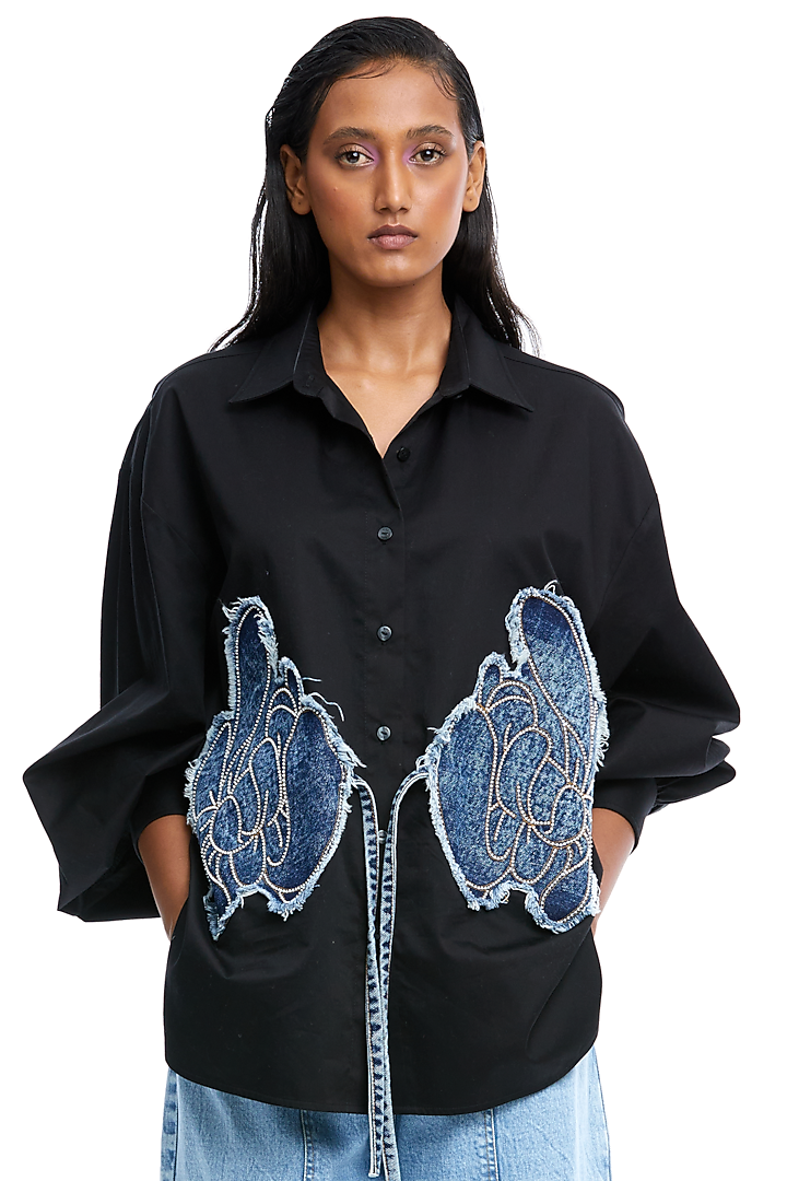 Black Cotton Denim Applique Oversized Shirt by Kanika Goyal at Pernia's Pop Up Shop