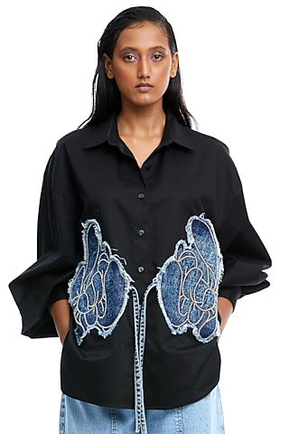 Black Cotton Denim Applique Oversized Shirt by Kanika Goyal