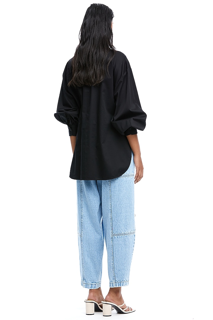 Black Cotton Denim Applique Oversized Shirt by Kanika Goyal at Pernia's Pop Up Shop