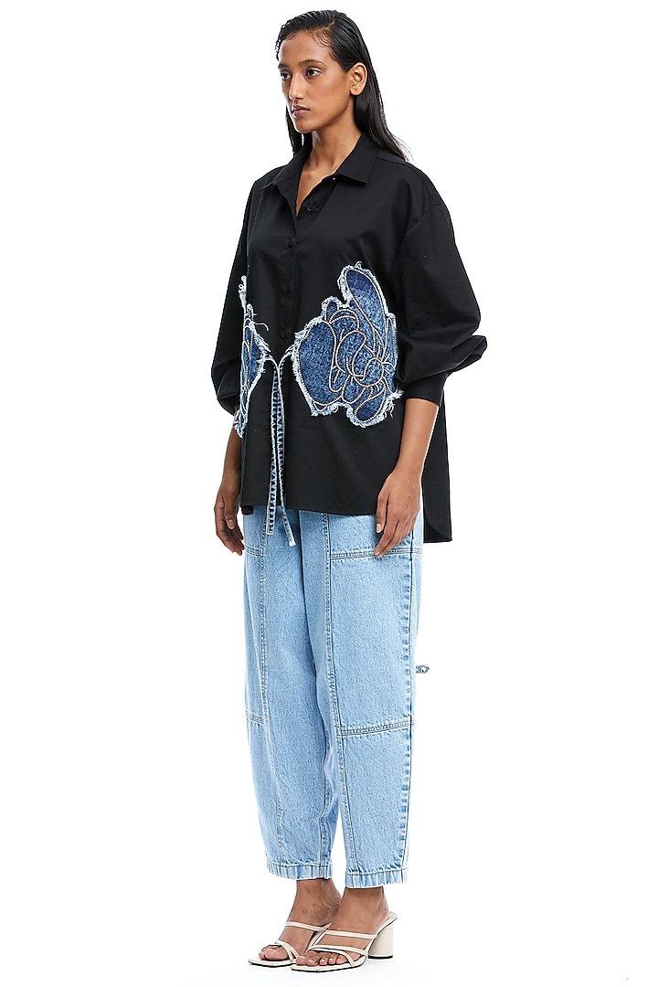 Black Cotton Denim Applique Oversized Shirt by Kanika Goyal at Pernia's Pop Up Shop