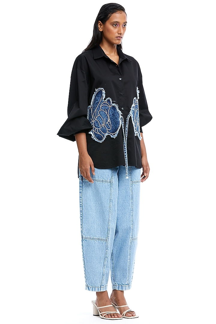 Black Cotton Denim Applique Oversized Shirt by Kanika Goyal at Pernia's Pop Up Shop