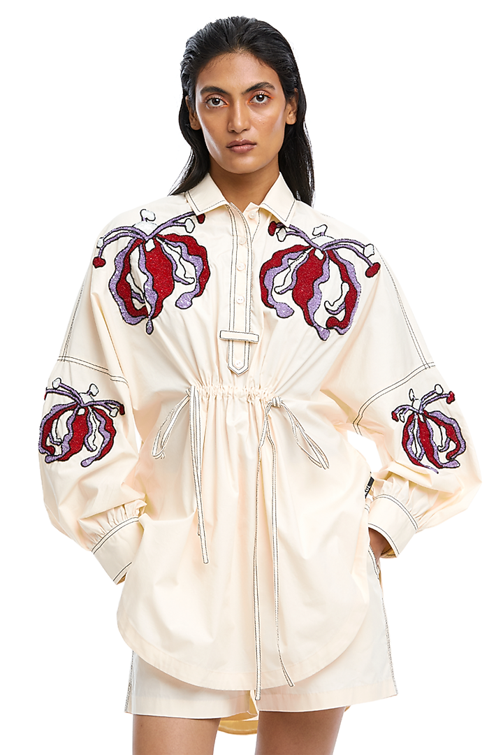 Off-White Cotton Embellished Shirt by Kanika Goyal at Pernia's Pop Up Shop