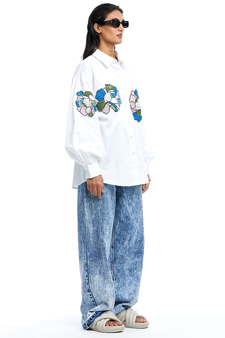 White Cotton Embellished Shirt by Kanika Goyal at Pernia's Pop Up Shop