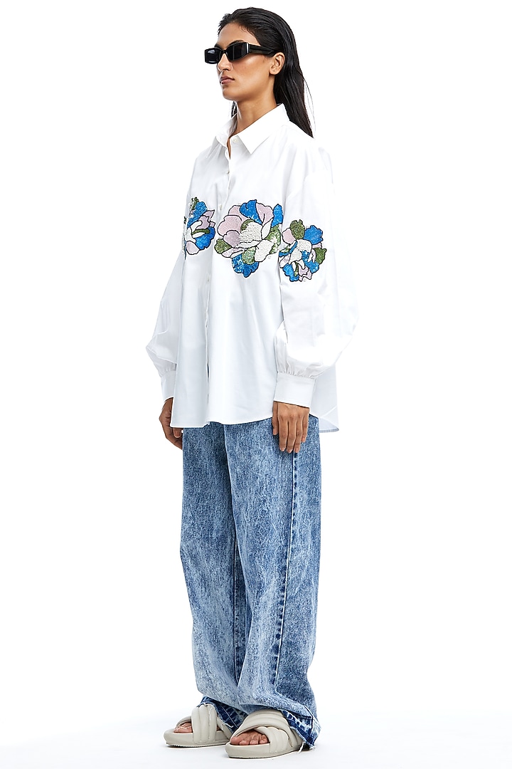 White Cotton Embellished Shirt by Kanika Goyal at Pernia's Pop Up Shop