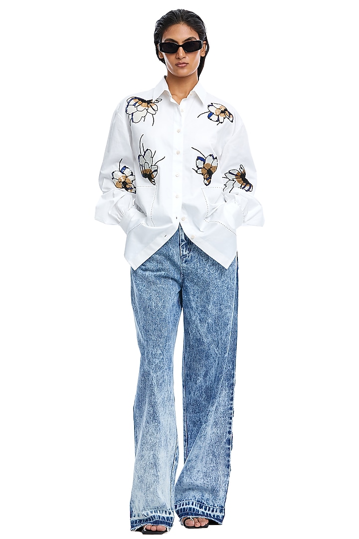 White Cotton Hand Embellished Shirt by Kanika Goyal at Pernia's Pop Up Shop
