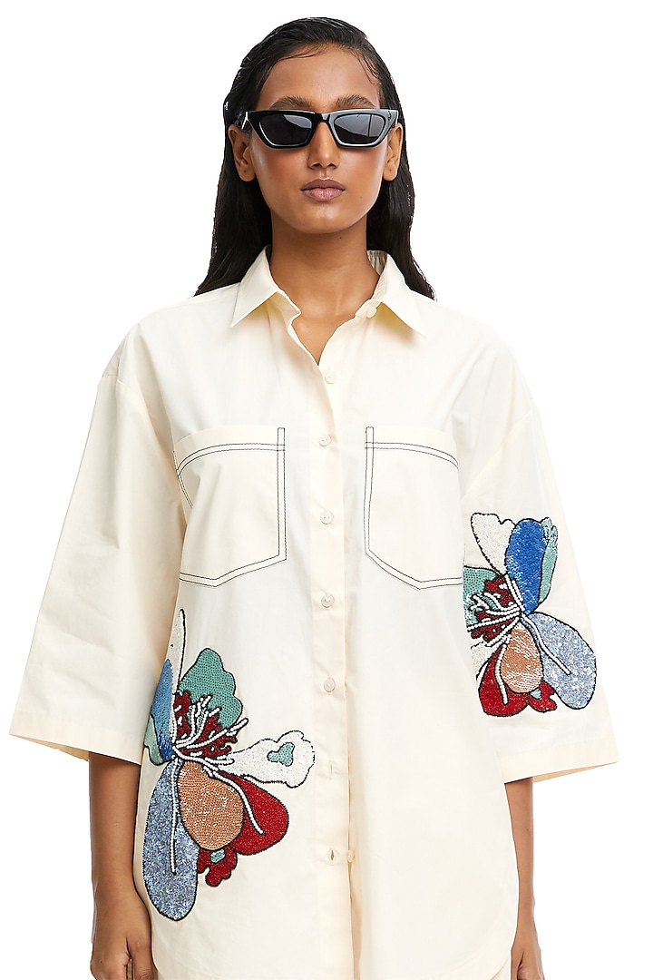 Off-White Cotton Hand Embellished Shirt by Kanika Goyal at Pernia's Pop Up Shop
