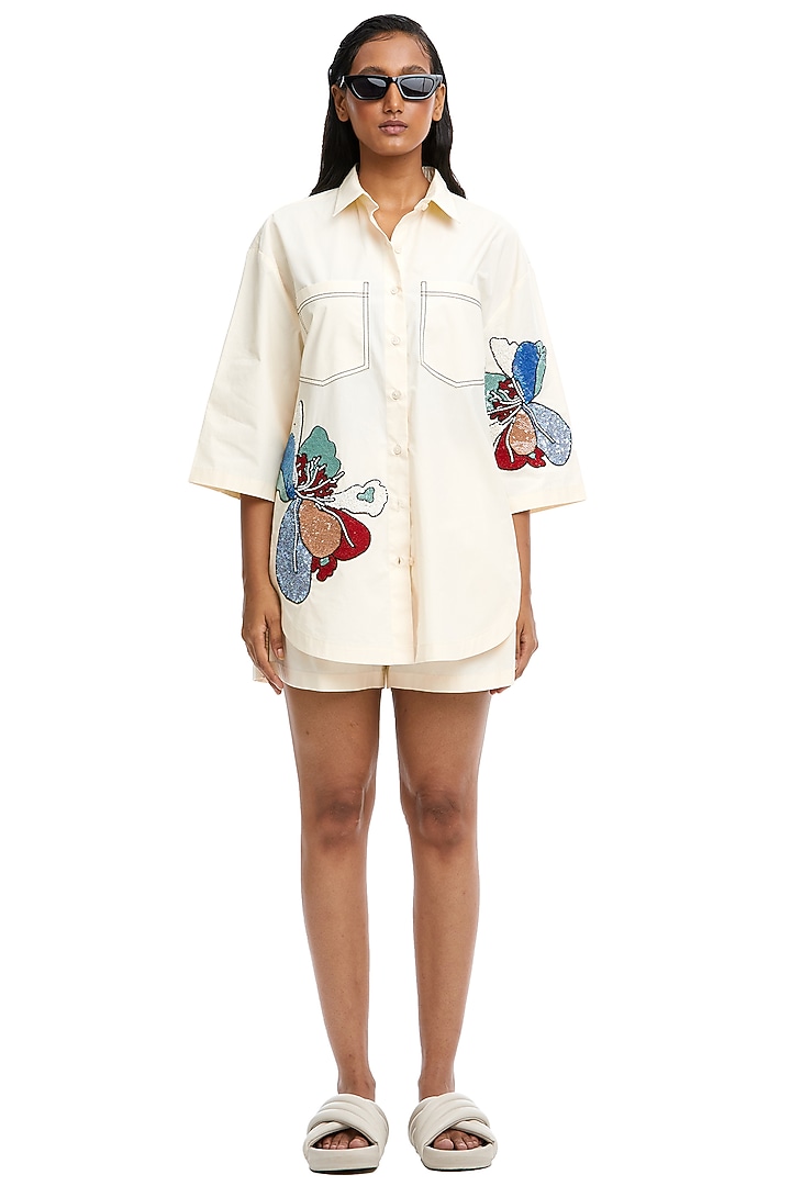Off-White Cotton Hand Embellished Shirt by Kanika Goyal at Pernia's Pop Up Shop