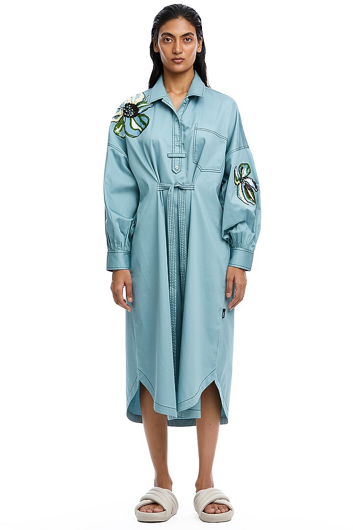 Blue Cotton Embellished Midi Vacation Dress by Kanika Goyal at Pernia's Pop Up Shop