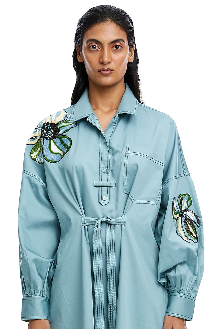 Blue Cotton Embellished Midi Vacation Dress by Kanika Goyal at Pernia's Pop Up Shop