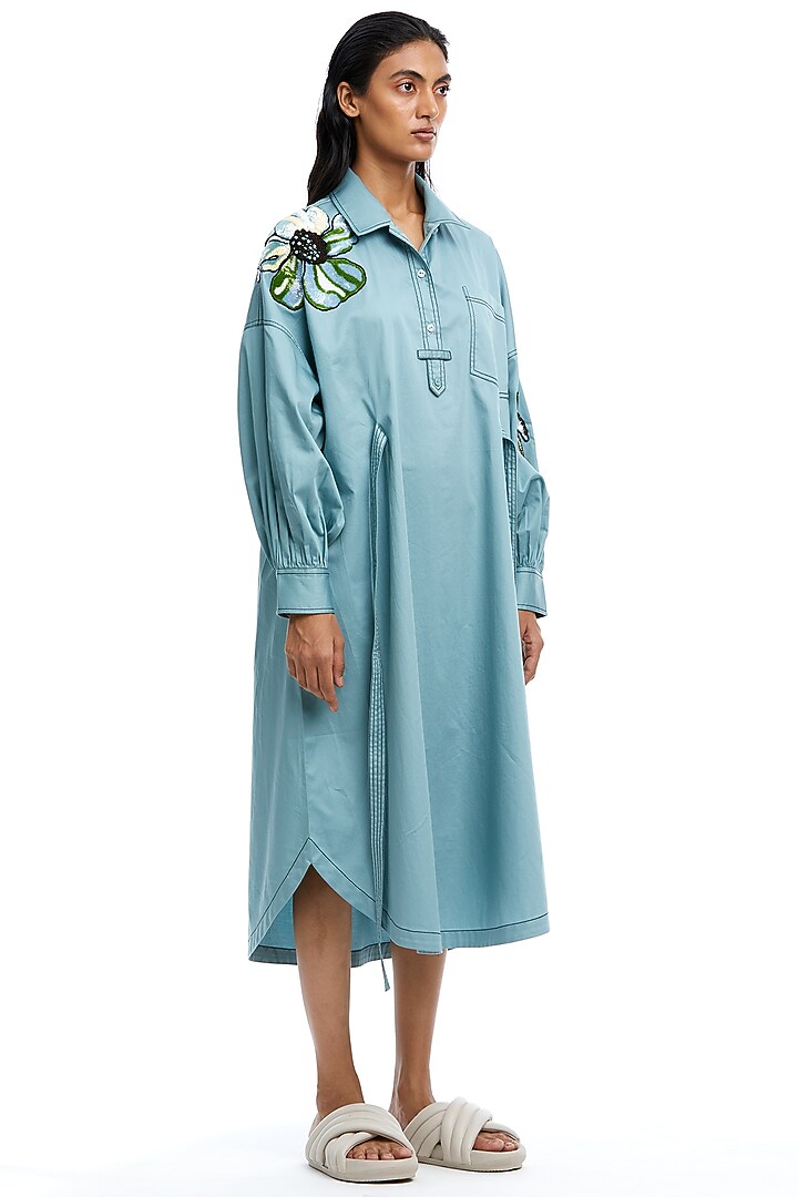Blue Cotton Embellished Midi Vacation Dress by Kanika Goyal at Pernia's Pop Up Shop