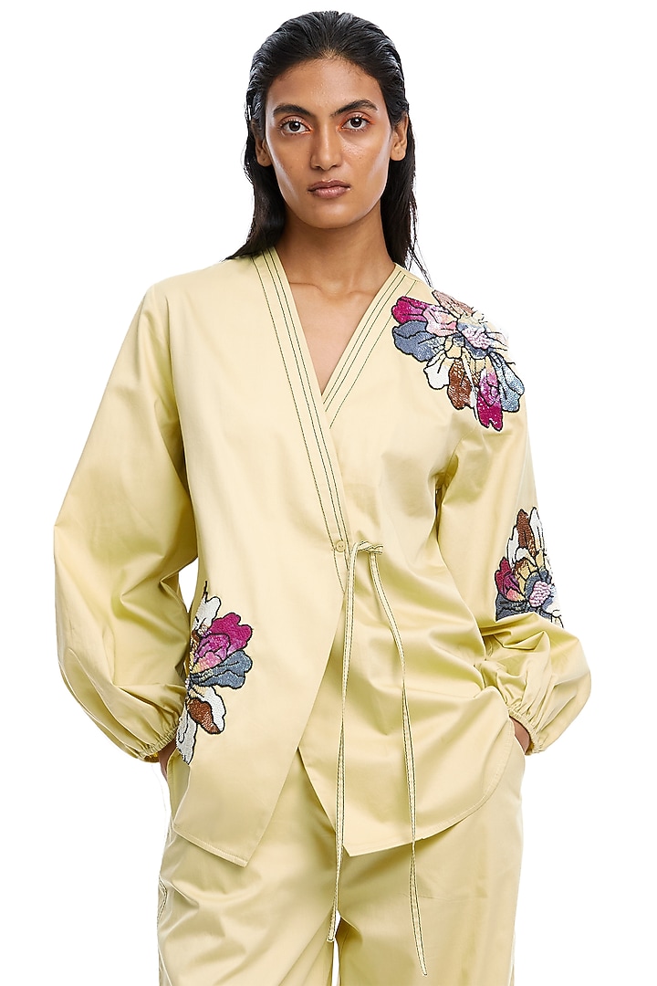 Light Yellow Cotton Hand Embellished Co-Ord Set by Kanika Goyal at Pernia's Pop Up Shop
