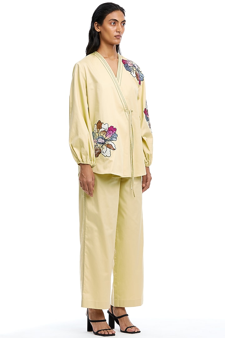 Light Yellow Cotton Hand Embellished Co-Ord Set by Kanika Goyal at Pernia's Pop Up Shop
