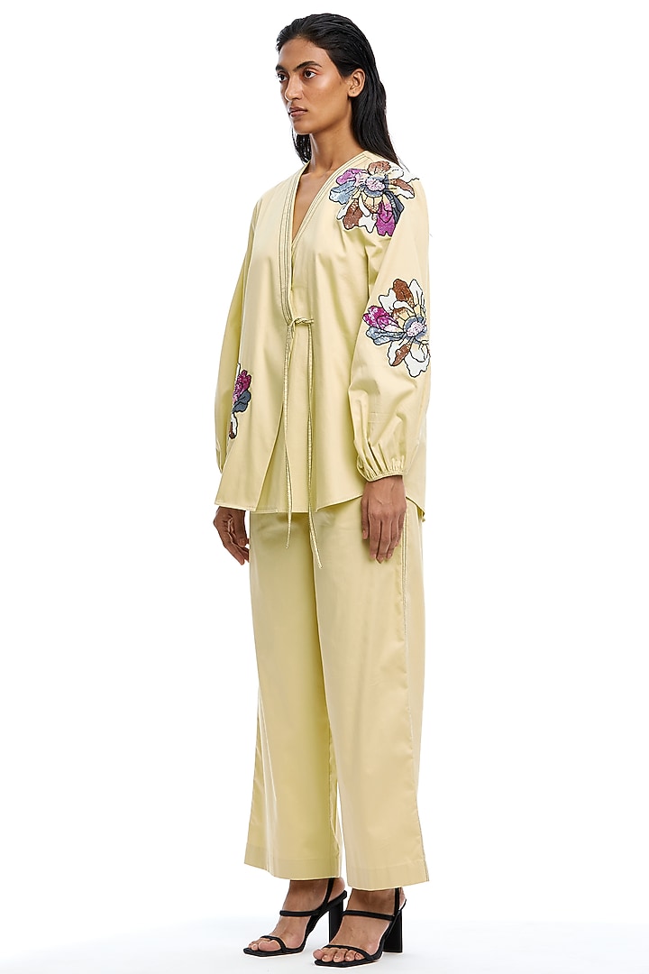 Light Yellow Cotton Hand Embellished Co-Ord Set by Kanika Goyal at Pernia's Pop Up Shop
