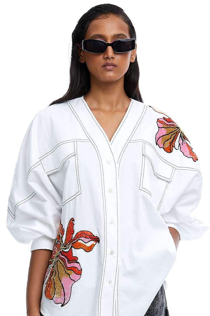 White Cotton Hand Embellished Shirt by Kanika Goyal at Pernia's Pop Up Shop
