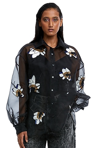 Black Organza Embellished Sheer Shirt by Kanika Goyal