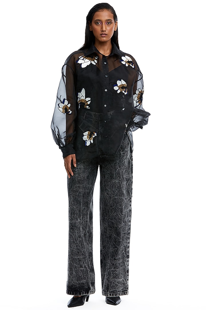 Black Organza Embellished Sheer Shirt by Kanika Goyal at Pernia's Pop Up Shop