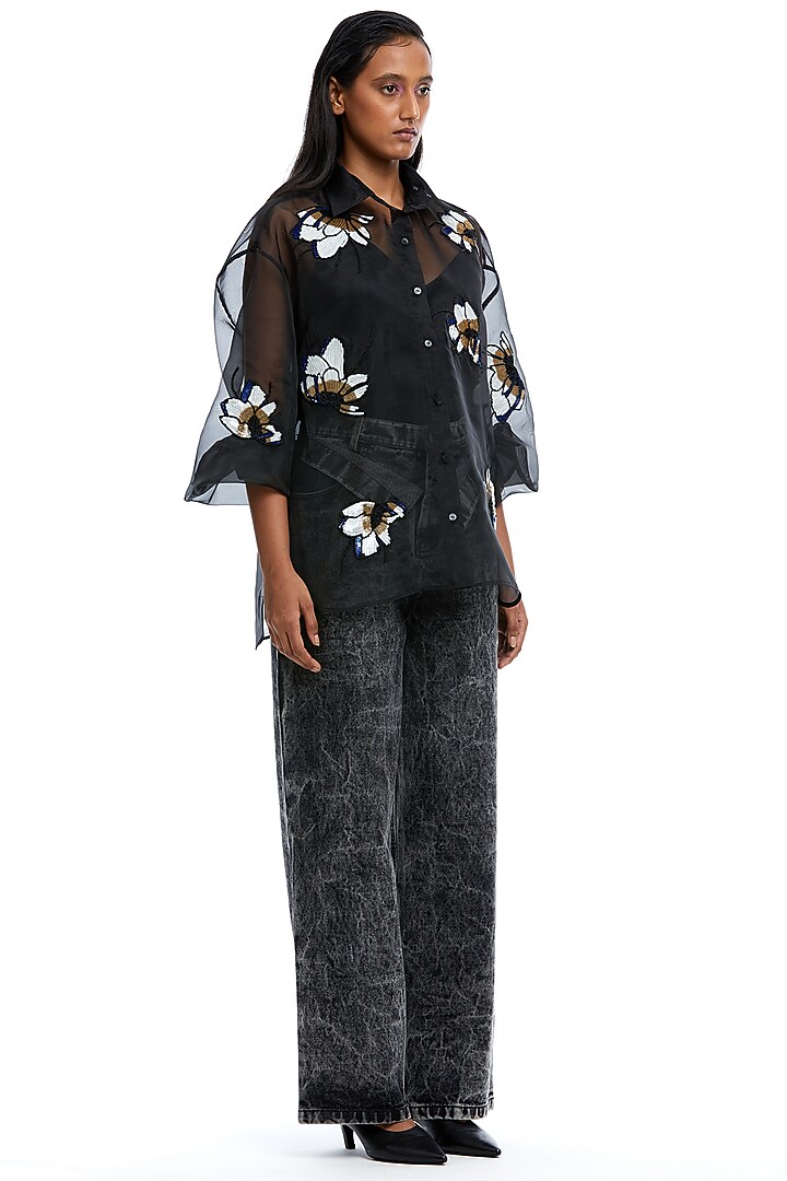Black Organza Embellished Sheer Shirt by Kanika Goyal at Pernia's Pop Up Shop
