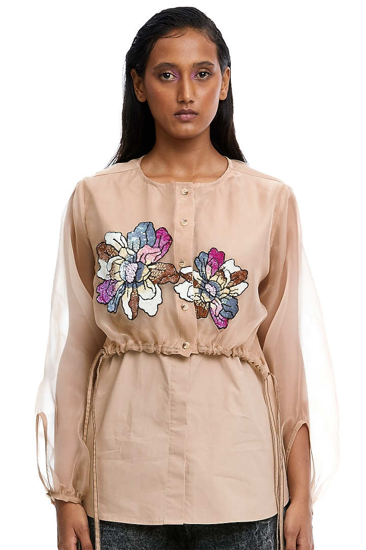 Beige Organza Hand Embellished Shirt by Kanika Goyal at Pernia's Pop Up Shop