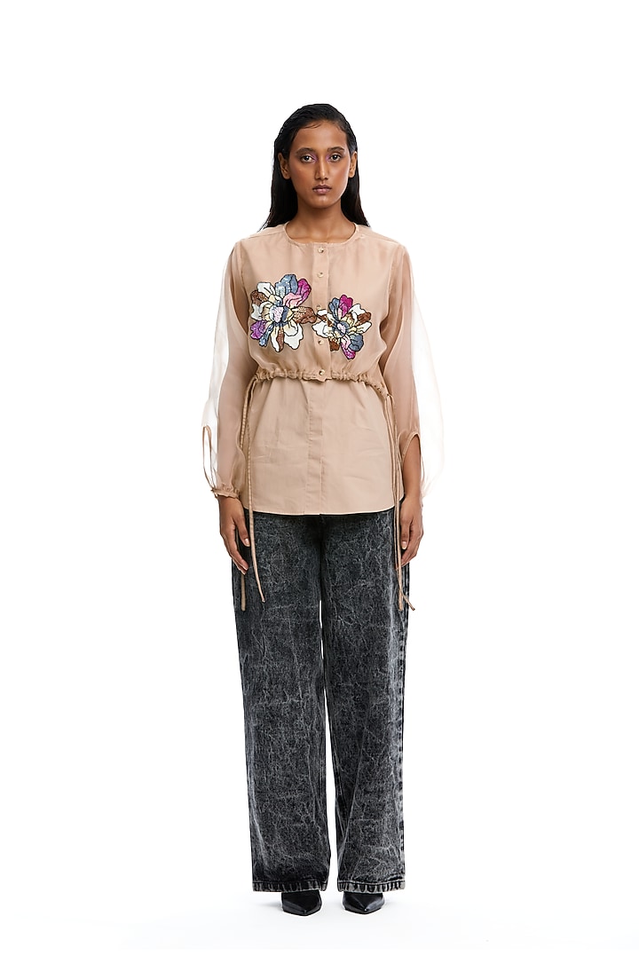 Beige Organza Hand Embellished Shirt by Kanika Goyal at Pernia's Pop Up Shop
