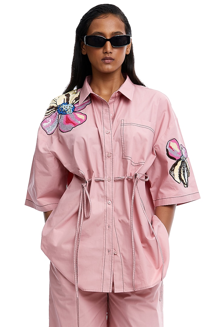 Pink Cotton Hand Embellished Shirt by Kanika Goyal at Pernia's Pop Up Shop