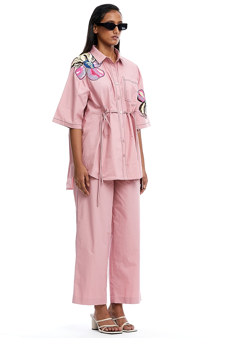 Pink Cotton Hand Embellished Shirt by Kanika Goyal at Pernia's Pop Up Shop