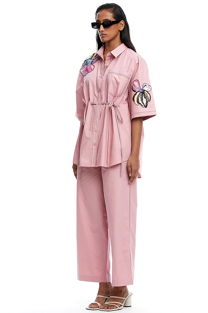Pink Cotton Hand Embellished Shirt by Kanika Goyal at Pernia's Pop Up Shop