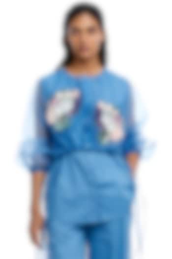 Blue Organza Embellished Shirt by Kanika Goyal at Pernia's Pop Up Shop