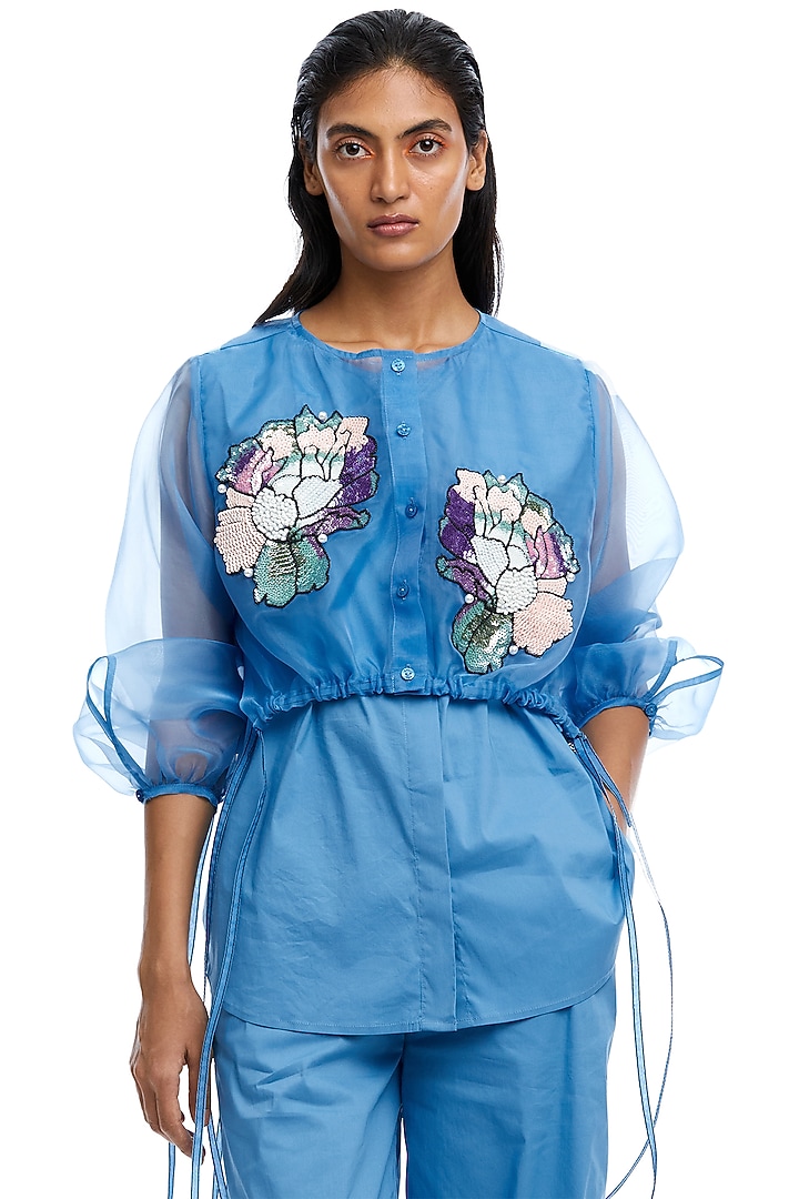 Blue Organza Embellished Shirt by Kanika Goyal at Pernia's Pop Up Shop