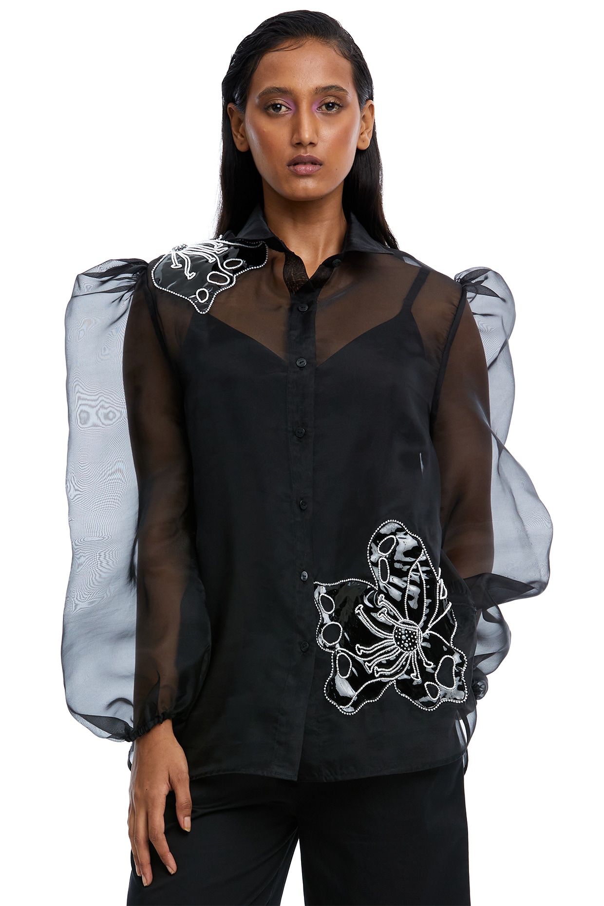 Black Organza Embellished Sheer Shirt Design by Kanika Goyal at