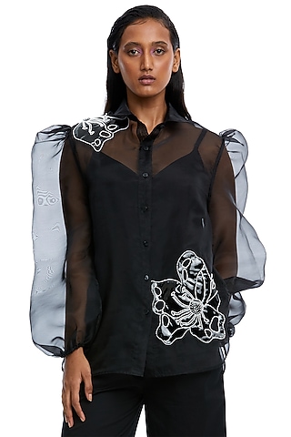 Black Organza Embellished Sheer Shirt by Kanika Goyal