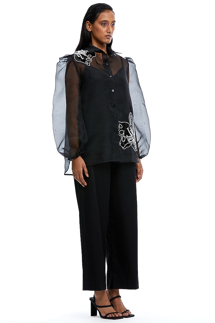 Black Organza Embellished Sheer Shirt by Kanika Goyal at Pernia's Pop Up Shop