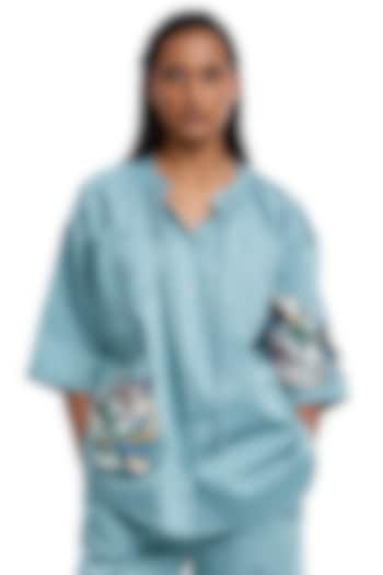 Blue Cotton Hand Embellished Shirt by Kanika Goyal at Pernia's Pop Up Shop