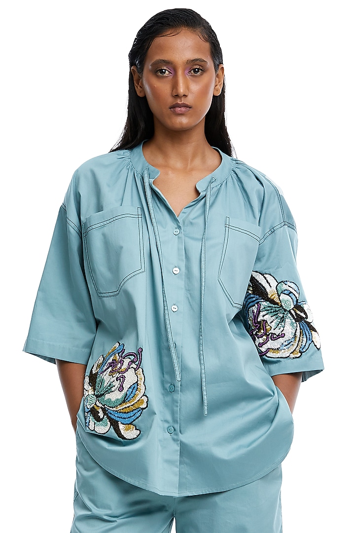 Blue Cotton Hand Embellished Shirt by Kanika Goyal at Pernia's Pop Up Shop