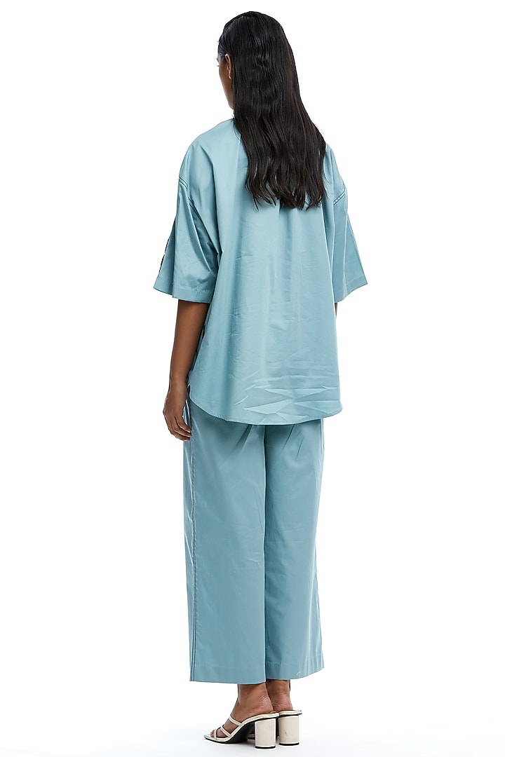 Blue Cotton Hand Embellished Shirt by Kanika Goyal at Pernia's Pop Up Shop