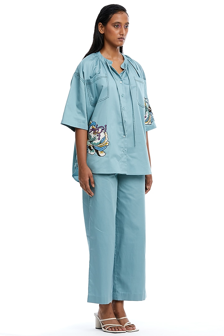 Blue Cotton Hand Embellished Shirt by Kanika Goyal at Pernia's Pop Up Shop