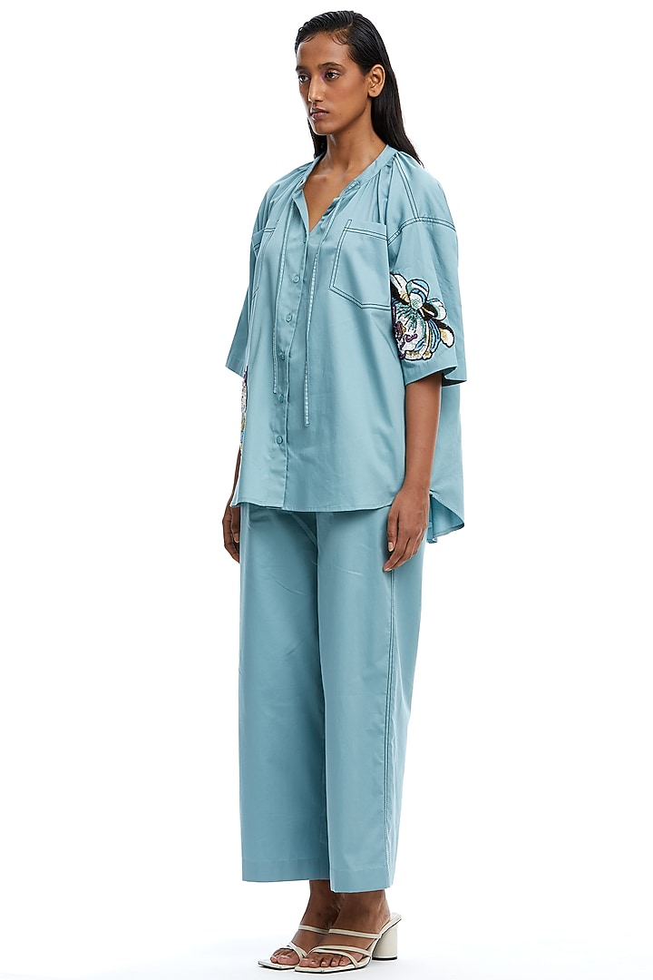 Blue Cotton Hand Embellished Shirt by Kanika Goyal at Pernia's Pop Up Shop