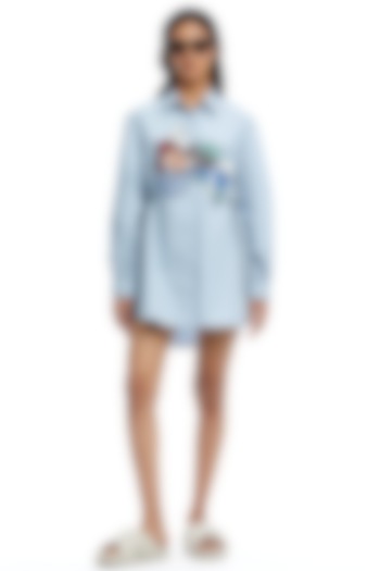 Blue Cotton Hand Embellished Vacation Shirt Dress by Kanika Goyal at Pernia's Pop Up Shop