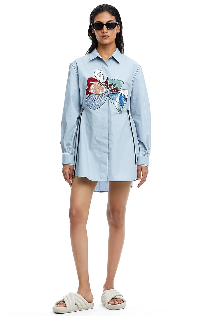 Blue Cotton Hand Embellished Vacation Shirt Dress by Kanika Goyal at Pernia's Pop Up Shop