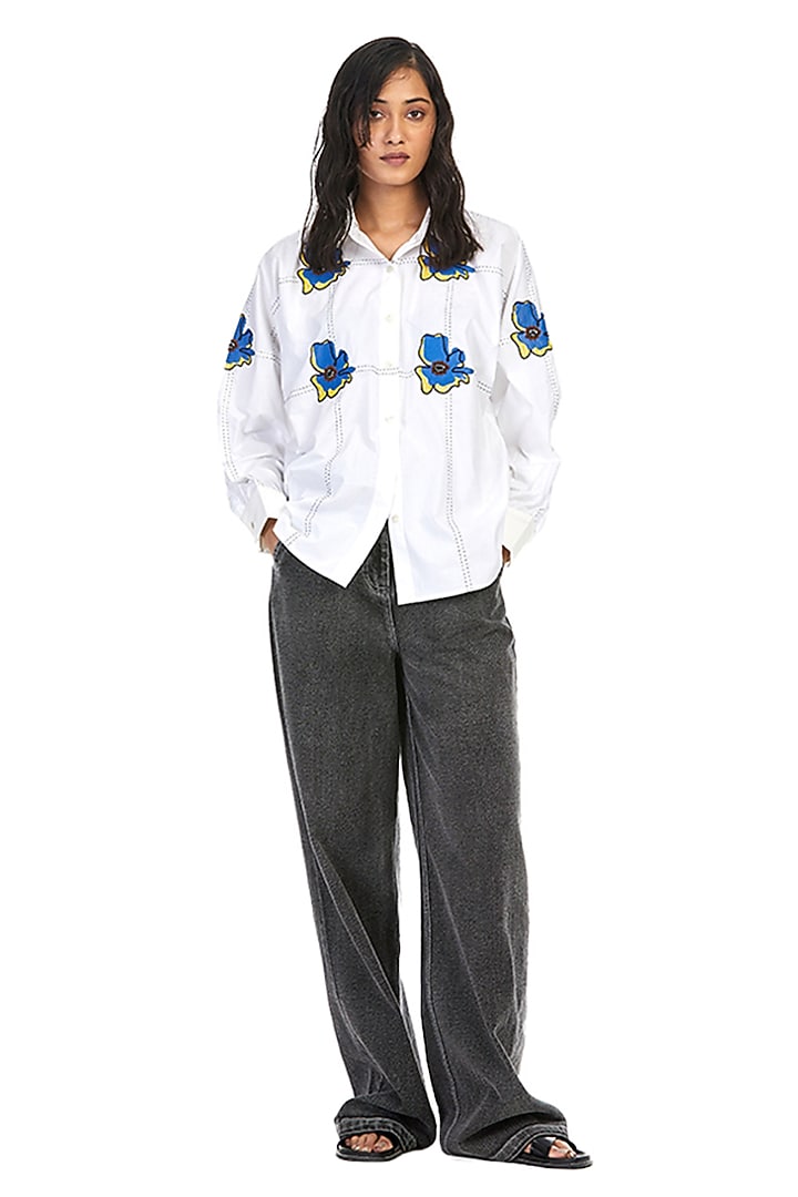 White Cotton Embellished Shirt by Kanika Goyal at Pernia's Pop Up Shop