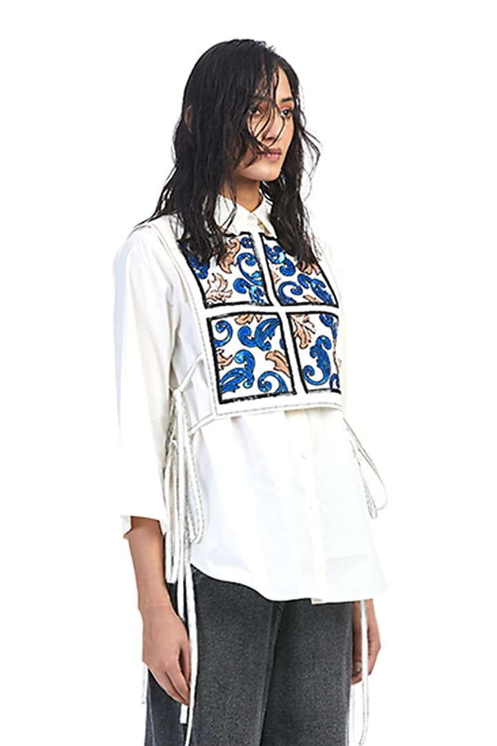 White Cotton Embellished Shirt With Bib by Kanika Goyal at Pernia's Pop Up Shop