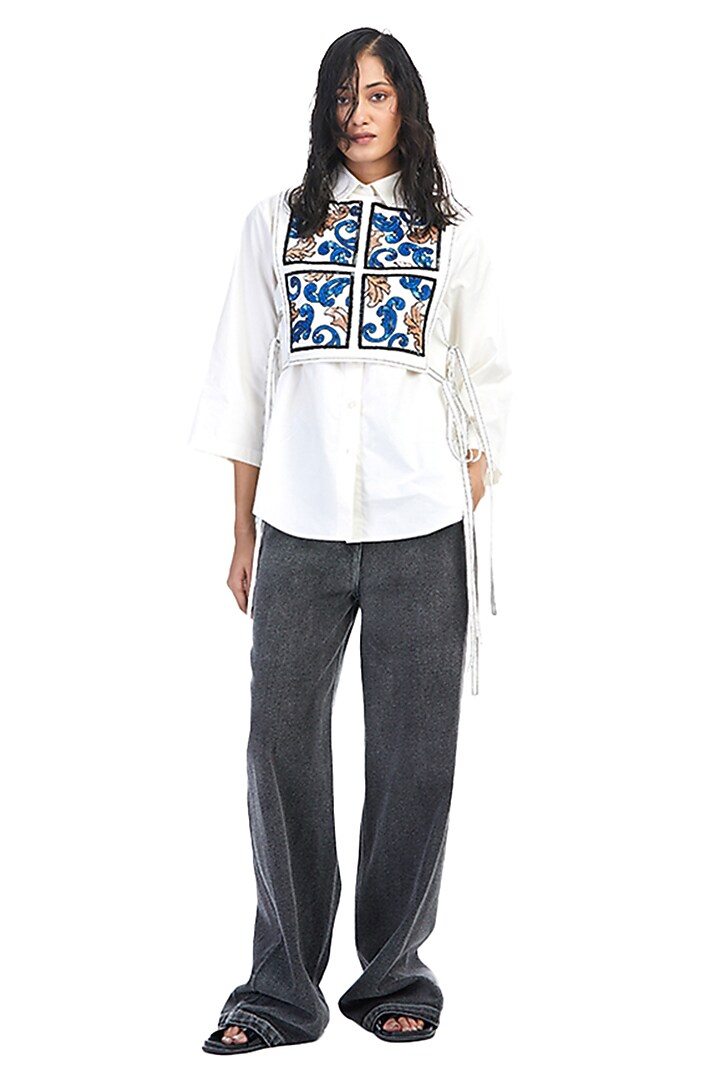 White Cotton Embellished Shirt With Bib by Kanika Goyal at Pernia's Pop Up Shop