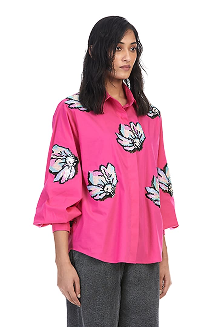 Pink Cotton Embellished Shirt by Kanika Goyal at Pernia's Pop Up Shop