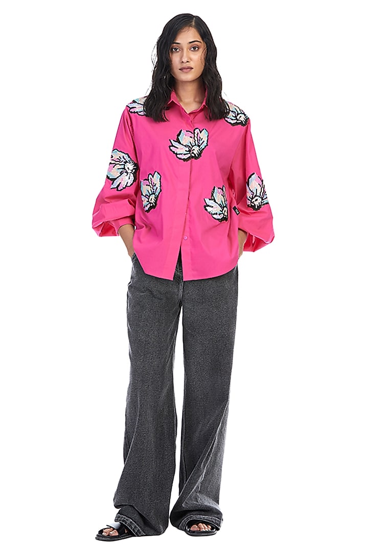 Pink Cotton Embellished Shirt by Kanika Goyal at Pernia's Pop Up Shop