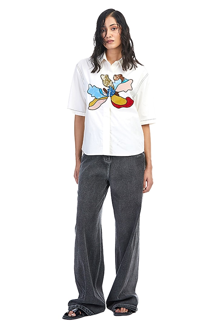 White Cotton Embellished Shirt by Kanika Goyal at Pernia's Pop Up Shop