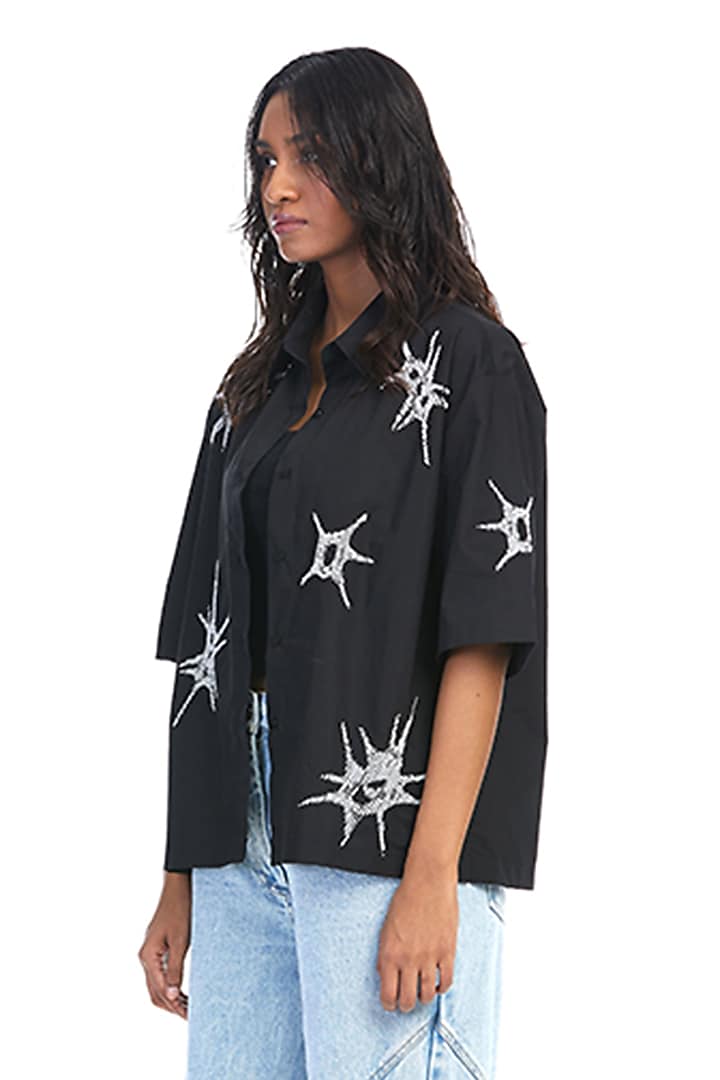 Black Cotton Embellished Shirt by Kanika Goyal at Pernia's Pop Up Shop