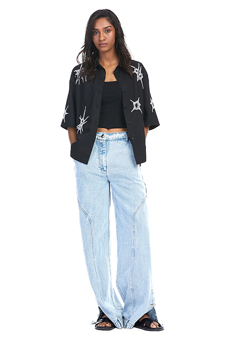 Black Cotton Embellished Shirt by Kanika Goyal at Pernia's Pop Up Shop
